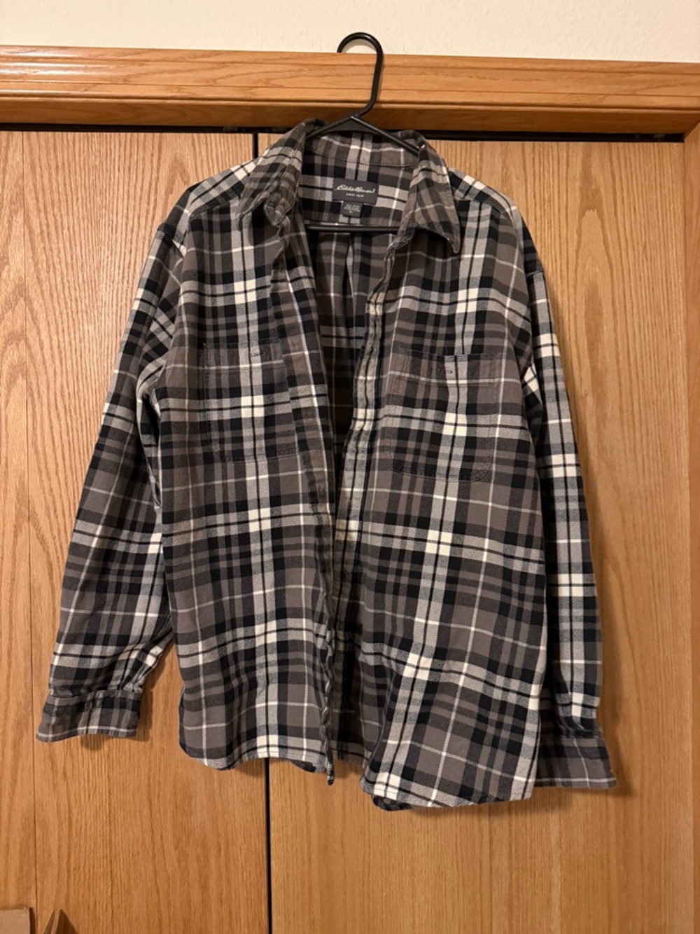 Eddie Bauer‎ Men's Black, Brown and White Plaid Button-Front Shirt Jacket